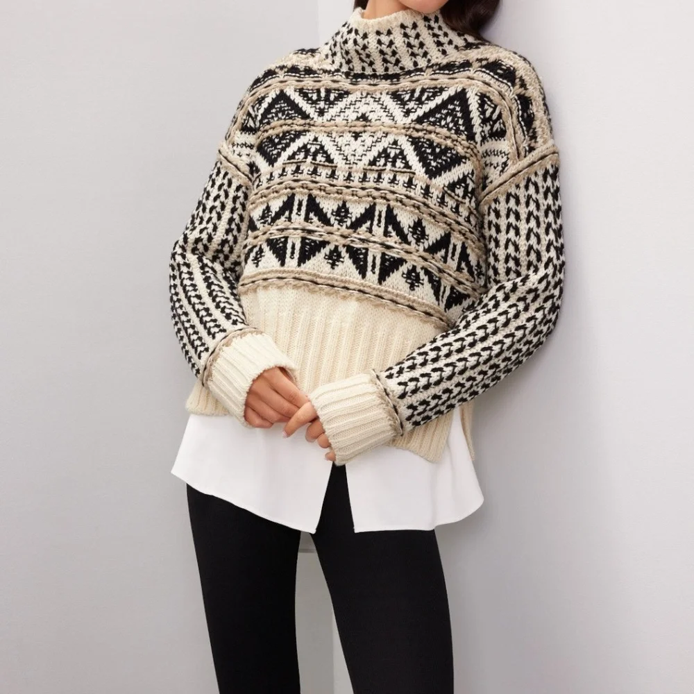 Splendid Vail Apres-ski Fair Isle Sweater in Black, White and Taupe, XL - Picture 3 of 8